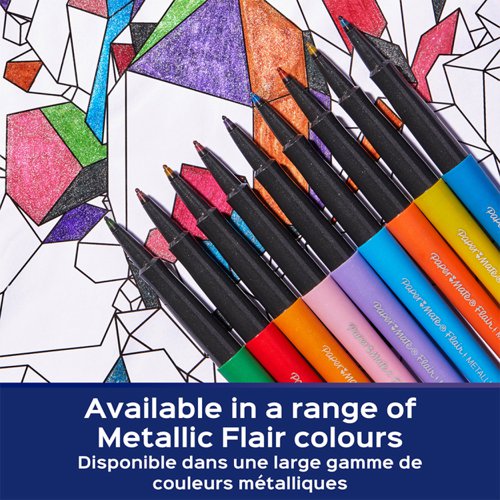 Featuring metallic felt tip pens with glittery ink that shines on white paper, these fibre tip pens brings even more fun to your writing, doodling and bullet journaling. Featuring smear- and fade-resistant ink, Paper Mate Flair Pens always leave a great impression. The vibrant ink is also specially designed to not bleed through paper, keeping your work looking clean and fresh. Finally, the medium point (0.7 mm) writes in bold, colourful lines. Boost your writing fun-factor with Paper Mate Flair!