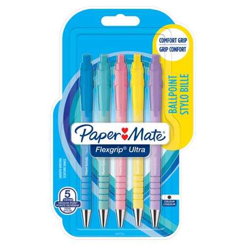 Paper Mate FlexGrip Ultra Pastel Ballpoint Pens Medium 1.0mm Tip Black Ink (Pack 5) 2152934
