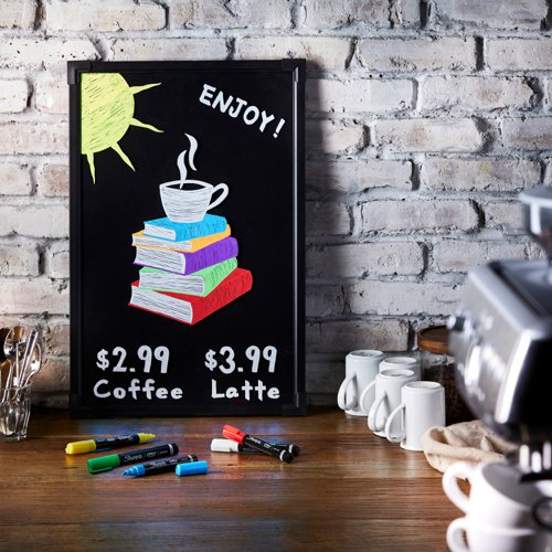 Make your writing or drawing stand out with Sharpie Chalk Markers. These brilliant chalkboard markers mark brightly on black boards, light boards, white boards, windows, glass and more. And with a damp cloth, they wipe off for convenient clean-up. Depend on these markers for eye-catching displays or writing in the classroom, your business or home.
