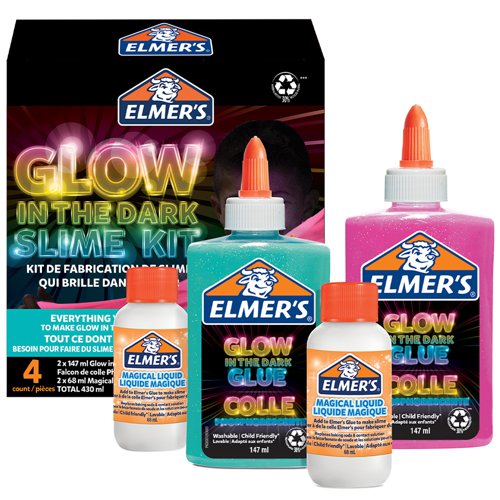 Elmers Glow In The Dark Slime Kit Includes Glow In The Dark Glue (Blue & Pink) and Elmers Magical Liquid Slime Activator (X2) - 4 Piece Kit - 2162080