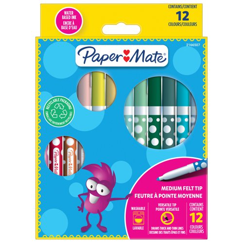 Paper Mate Childrens Felt Tip Colouring Pen Washable Assorted Colours (Pack 12) 2166507