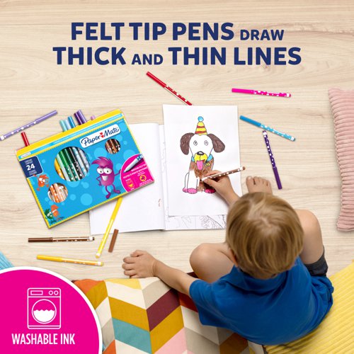 11157NR | Paper Mate children's felt tips in 12 assorted vivid colours that can help create eye-catching works of art. A versatile tip that draws both thin and thick lines gives good coverage and helps to develop drawing skills.