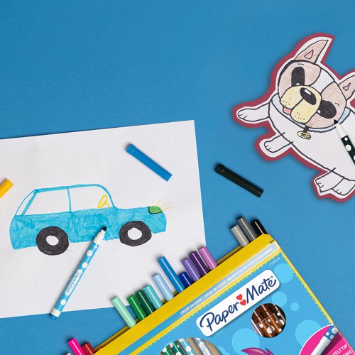11157NR | Paper Mate children's felt tips in 12 assorted vivid colours that can help create eye-catching works of art. A versatile tip that draws both thin and thick lines gives good coverage and helps to develop drawing skills.