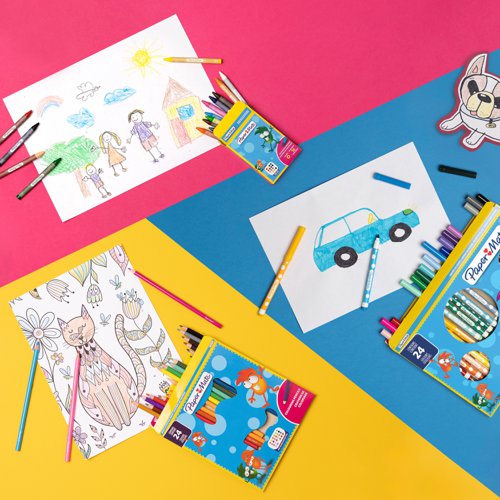 Paper Mate children's felt tips in 12 assorted vivid colours that can help create eye-catching works of art. A versatile tip that draws both thin and thick lines gives good coverage and helps to develop drawing skills.