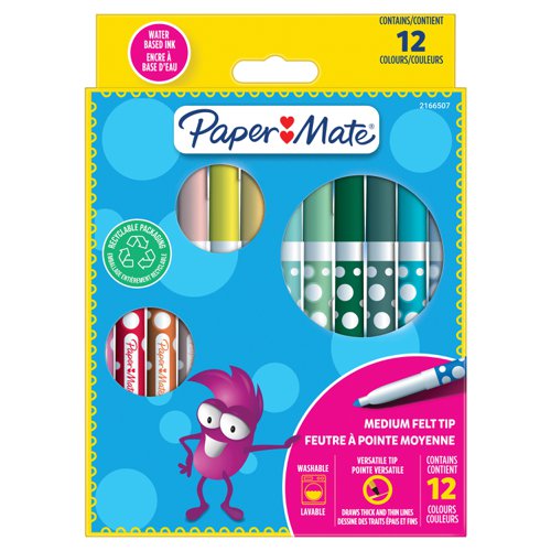 Paper Mate Childrens Felt Tip Colouring Pen Washable Assorted Colours (Pack 12) 2166507 Newell Brands