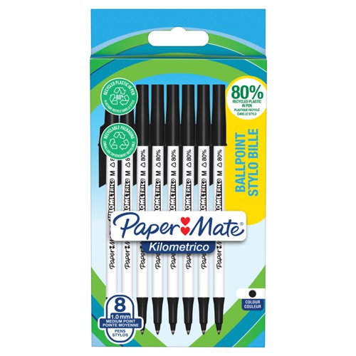 Paper Mate Kilometrico Ballpoint Pen Medium Point 1.0mm Black 80% recycled Plastic (Pack 8) - 2187678  11073NR