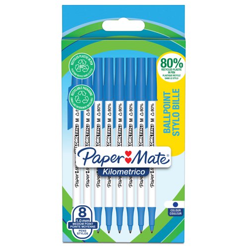 Paper Mate Kilometrico Ballpoint Pen Medium Point 1.0mm Blue 80% recycled Plastic (Pack 8) - 2187679