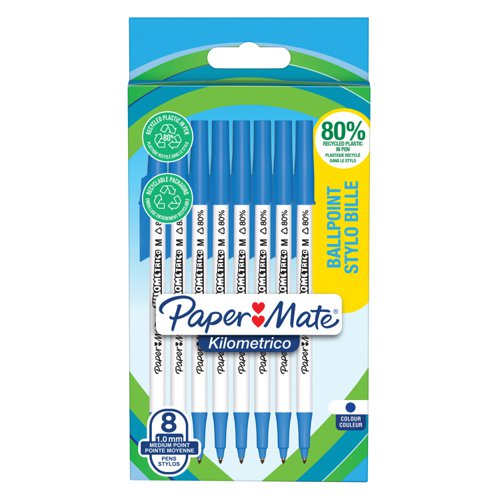 11080NR - Paper Mate Kilometrico Ballpoint Pen Medium Point 1.0mm Blue 80% recycled Plastic (Pack 8) - 2187679