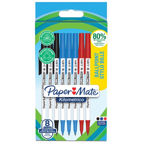 Paper Mate Kilometrico Ballpoint Pen Medium Point 1.0mm Black Blue & Red 80% recycled Plastic (Pack 8) - 2187680