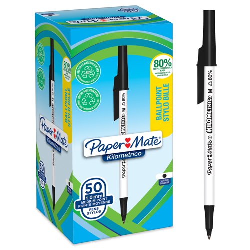 Paper Mate 2187701 Kilometrico Recycled Black Ball Pen pack of 50 pens