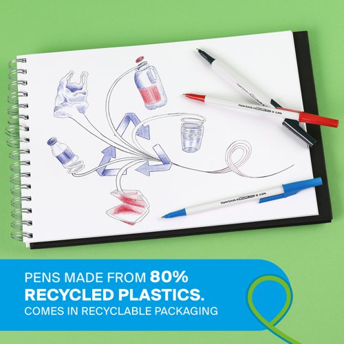 11185NR | Made from 80% recycled plastics, Paper Mate Kilometrico ballpoint pens deliver reliable, smooth writing and are ideal for all writing situations. Available in Black, Blue and Red ink with a medium 1.0mm tip, the bold ink stands out to make a strong, professional impression.