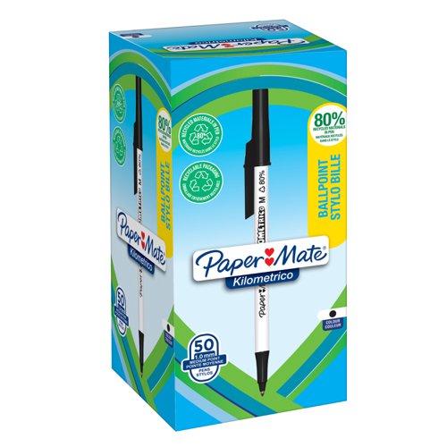 Paper Mate Kilometrico Ballpoint Pen Medium Point 1.0mm Black 80% recycled Plastic (Pack 50) 2187701 Ballpoint & Rollerball Pens PE1173