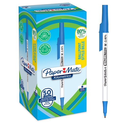 Paper Mate Kilometrico Ballpoint Pen Medium Point 1.0mm Blue 80% recycled Plastic (Pack 50) 2187702