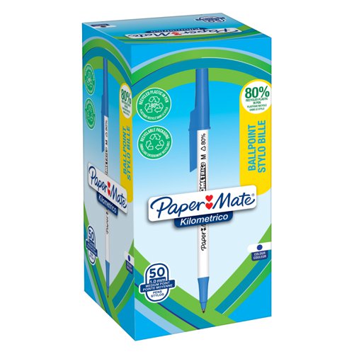 Paper Mate 2187702 Kilometrico Recycled Blue Ball Pen pack of 50 pens