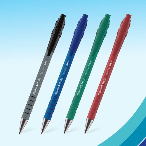 56204NR | The Paper Mate Flexgrip Ultra Retractable Ballpoint Pen delivers smooth, comfortable writing in a sleek and convenient design. Featuring a rubberised barrel and a textured grip, this retractable pen provides exceptional comfort and control--even during extended writing sessions. The retractable design deploys and retracts the tip with a simple click, while the metal nosecone provides a premium look and feel. Ideal for home, office, and school use, this pen features a versatile 1.0mm medium point that handles a wide variety of writing tasks. A handy clip allows you to fasten the pen to a pocket planner or notebook for easy storage and transportation. Available in black, blue, red, and green ink colours. Paper Mate pens--the reliable everyday writing companion you can count on.