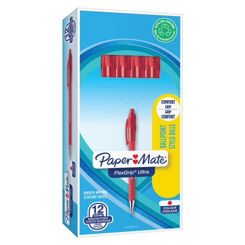 Paper Mate Flexgrip Retractable Ultra Ball Pen Medium 1.0mm Tip 0.7mm Line Red Ref S0190413 [Pack 12] Newell Rubbermaid