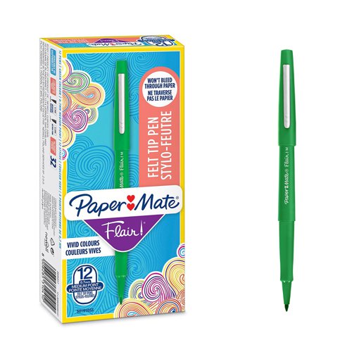 Paper Mate S0191033 Flair Pen 0.7 - 1mm Medium Tip Green Ink Box of 12