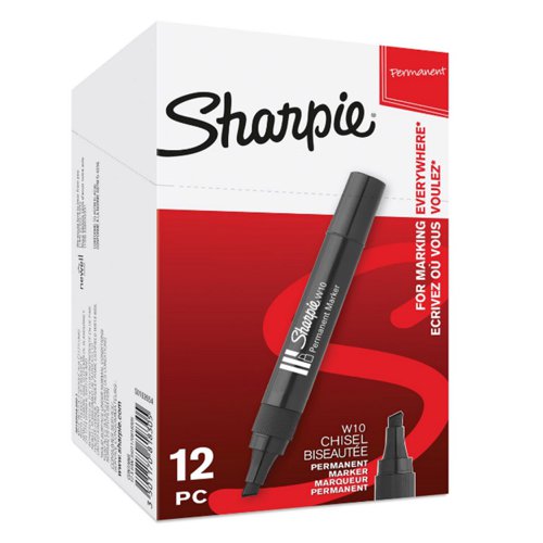 Sharpie S0192654 W10 Permanent Marker Chisel Tip Black Box of 12