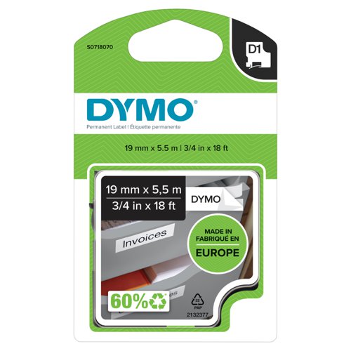 Dymo 16960 19mm x 5.5m Black on White Polyester labels