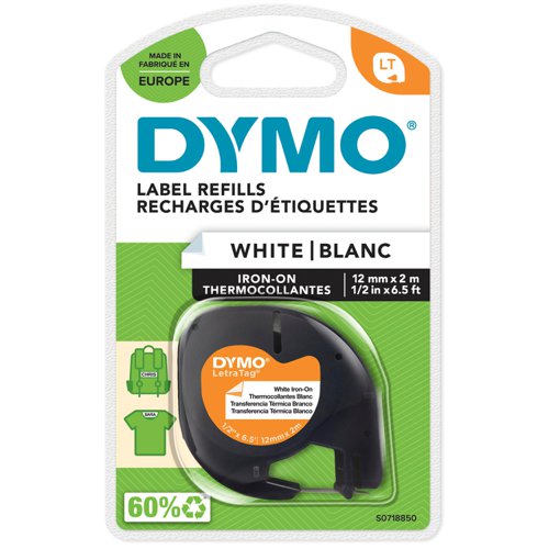 Dymo 18769 12mm x 2m Black on White Iron on Tape
