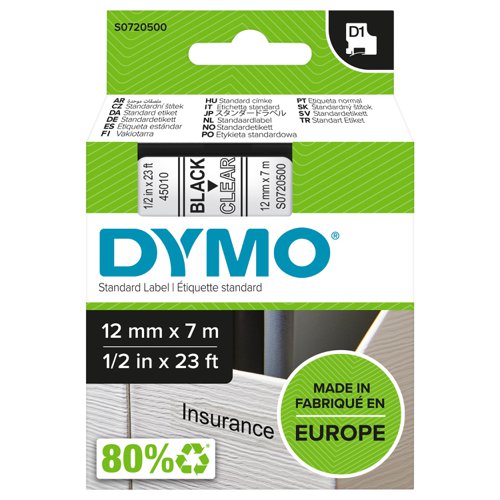Dymo D1 Tape for Electronic Labelmakers 12mmx7m Black on Clear Ref 45010 S0720500