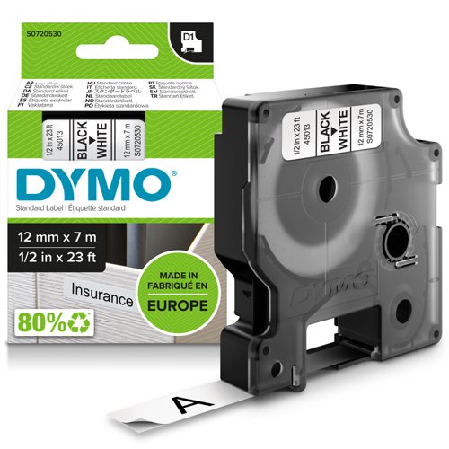 Dymo D1 Tape for Electronic Labelmakers 12mmx7m Black on White Ref 45013 S0720530