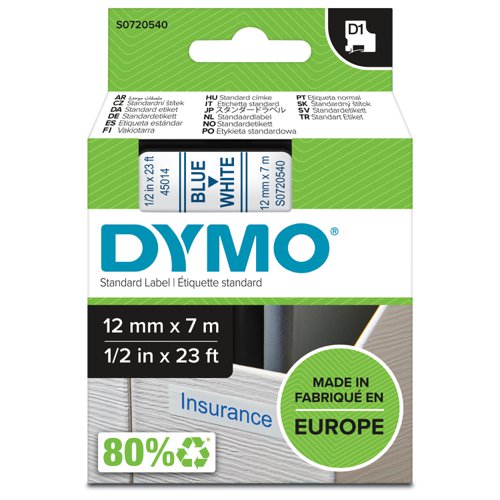 Dymo 45014 D1 12mm x 7m Blue on White Tape | 10087J | Newell Brands