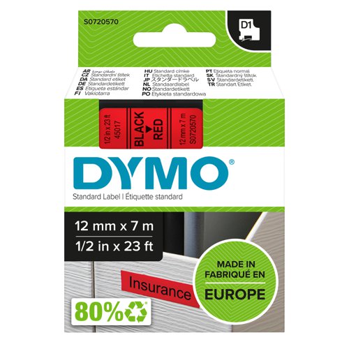 77165NR | Authentic DYMO D1 label cassettes were specifically created for your LabelManager label makers and offer the performance and variety that you need for most labelling jobs. DYMO D1 label tape adheres to most clean, flat surfaces â€“ including plastic, paper, metal, wood and glass â€“ and feature easy-peel backing for trouble-free application. Versatile and durable, DYMO labels take the hassle out of home and office organisation.