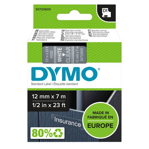 Dymo D1 Labelmaker Tape 12mmx7m White on Clear Label Tapes DY6505
