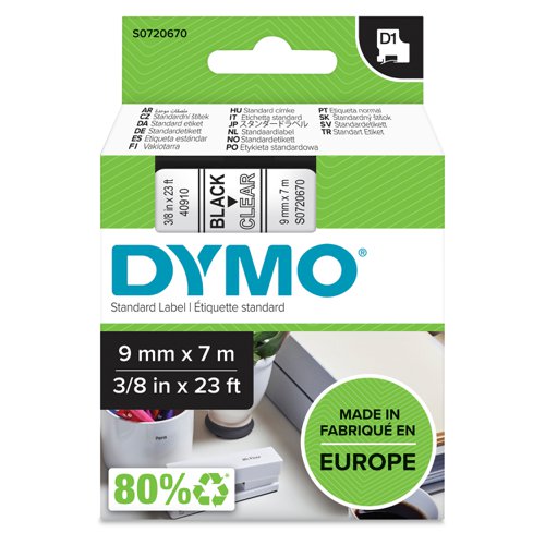 Dymo D1 Labelmaker Tape 9mmx7m Black on Clear Label Tapes DY4002