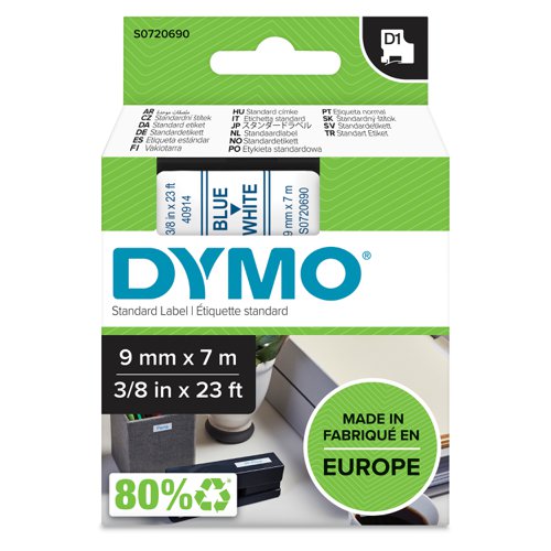 Dymo 40914 D1 9mm x 7m Blue on White Tape