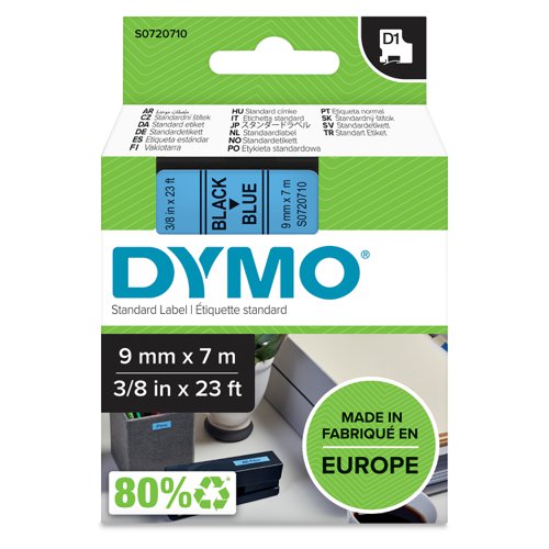 Dymo 40916 D1 9mm x 7m Black on Blue Tape | 10073J | Newell Brands
