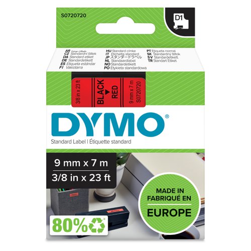 Dymo 40917 D1 9mm x 7m Black on Red Tape