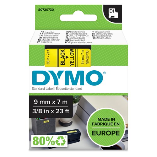 Dymo D1 Tape for Electronic Labelmakers 9mmx7m Black on Yellow Ref 40918 S0720730