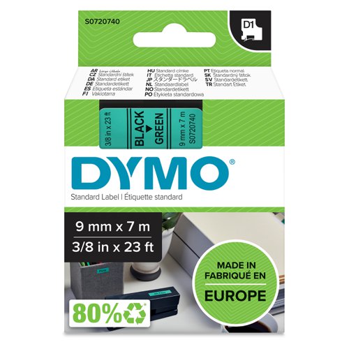 Dymo 40919 D1 9mm x 7m Black on Green Tape