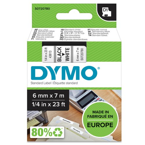 Dymo D1 Tape for Electronic Labelmakers 6mmx7m Black on White Ref 43613 S0720780