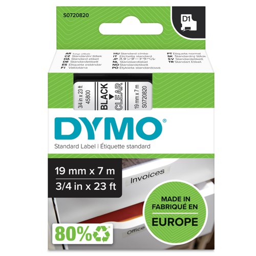 Dymo D1 Labelmaker Tape 19mmx7m Black on Clear Label Tapes DY9700
