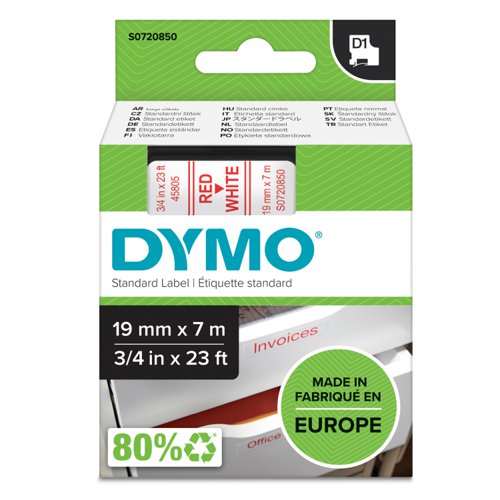 Dymo 45805 19mm x 7m Red on White Tape