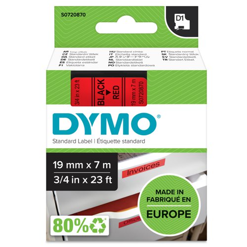 Dymo D1 Labelmaker Tape 19mmx7m Black on Red Label Tapes DY6527