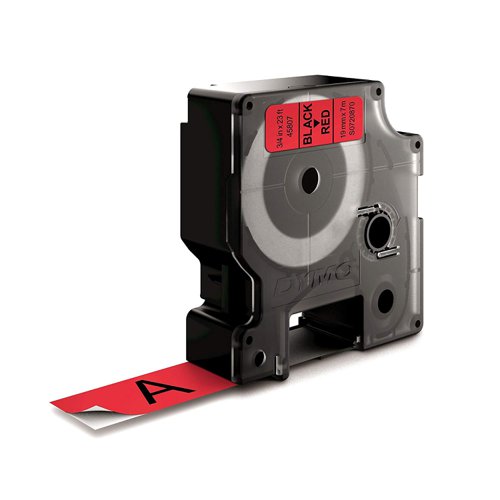 ES45807 | With black text on a red background, this Dymo D1 standard tape is ideal for labelling stationery, equipment, files, folders and more. Made from strong polyester, the tape features a strong self-adhesive backing that is suitable for almost all surfaces. Compatible with Dymo LabelManager and MobileLabeler label makers, the cassette slots in with ease. The tape is 19mm wide and comes supplied on a 7 metre roll.
