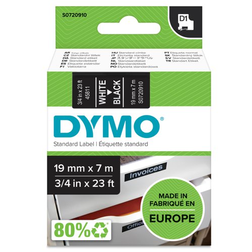 Dymo 45811 19mm x 7m White on Black Tape