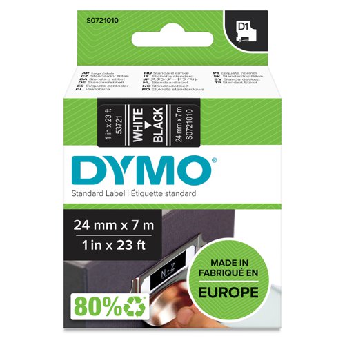 Dymo 53721 24mm x 7m White on Black Tape