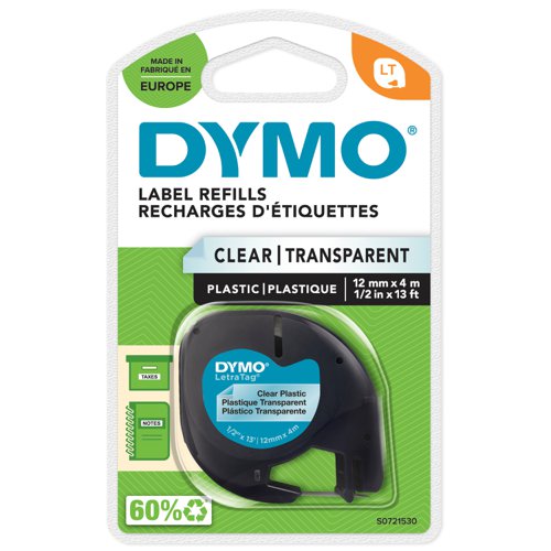 Dymo LetraTag Clear Plastic Tape 12mmx4m Black on Clear S0721530