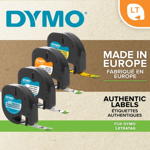 Dymo LetraTag Clear Plastic Tape 12mmx4m Black on Clear S0721530  16671NR