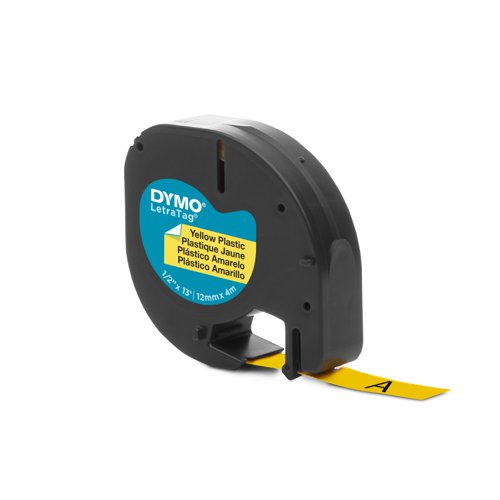 Dymo LetraTag Clear Plastic Tape 12mmx4m Black on Yellow S0721620