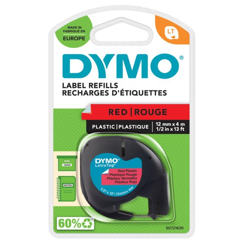 Dymo 91203 12mmx4m Black On Red Plastic Tape