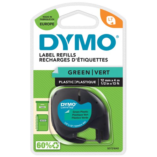 Dymo 91204 12mm x 4m Black On Green Plastic Tape 15510J