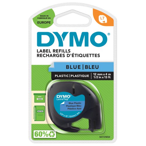 Dymo 91205 12mm x 4m Black On Blue Plastic Tape