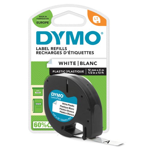 DYMO LetraTag Label Tape 12mm Plastic Black on White 91201 S0721660