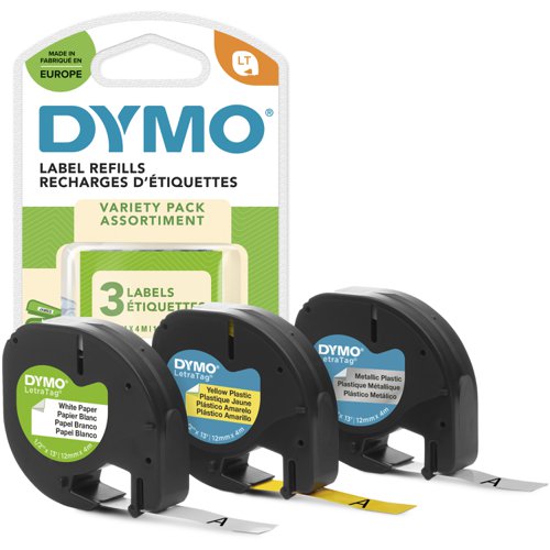 Dymo LetraTag Plastic Tape Black on White/Yellow/Silver 12mm x4m [Pack 3] S0721790